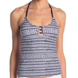 Splendid Halter Striped Scoop Neck Tie Back Tankini Top Size Small White Blue